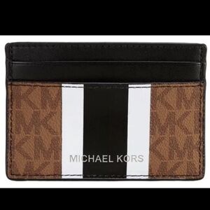 Michael Kors Men’s Hudson Logo Stripe Leather Tall Card Case Wallet NEW